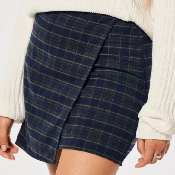 Hollister Sz Small Green/Blue Plaid Polo Academia‎ Wool Mini Skirt Preppy School - Picture 1 of 9